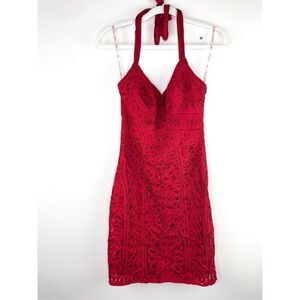 Sue Wong Intricate Red Lace Halter Dress‎ Size 2